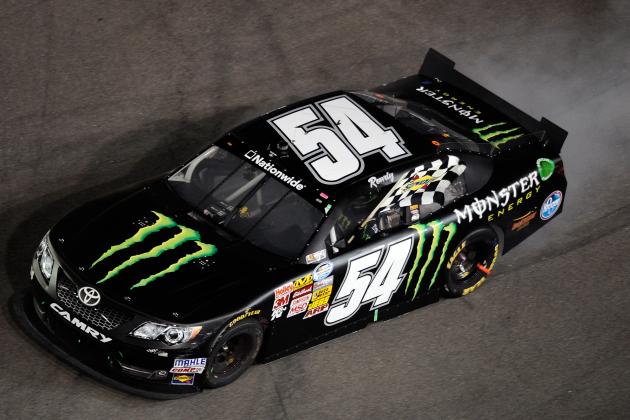 BRISTOL, TN - AUGUST 23: Kyle Busch, driver of the #54 Monster Energy Toyota, celebrates with a burnout after winning the NASCAR Nationwide Series Food City 250 at Bristol Motor Speedway on August 23, 2013 in Bristol, Tennessee. (Photo by Jared C. Tilton/Getty Images)