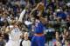 Dallas Mavericks guard Vince Carter (25) defends against a shot by New York Knicks guard J.R. Smith (8) during the second half of an NBA basketball game Sunday, Jan. 5, 2014, in Dallas. The Knicks won 92-80. (AP Photo/Sharon Ellman)