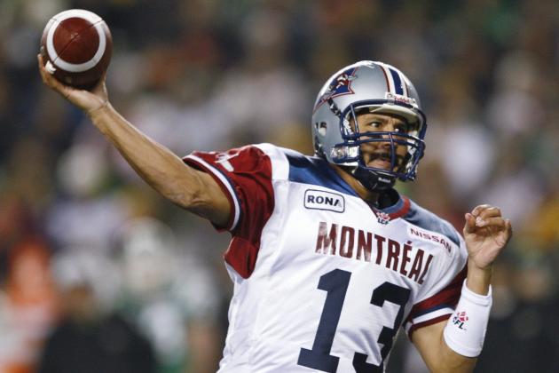 Montreal Alouettes quarterback Anthony Calvillo throws a pass during first quarter against Saskatchewan Roughriders at the CFL Grey Cup Sunday, Nov. 28, 2010 in Edmonton. THE CANADIAN PRESS/Nathan Denette