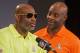 Hall of Famer Jerry Rice, right, reacts to comments made by fellow Hall of Famer Deion Sanders during a news conference for the NFL Pro Bowl Draft, Tuesday, Jan. 21, 2014, Kapolei, Hawaii. (AP Photo/Marco Garcia)