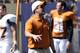 Texas defensive coordinator Manny Diaz shouts to his players at the Orange and White spring NCAA college football game, Sunday, April 1, 2012, in Austin, Texas. (AP Photo/Michael Thomas)