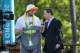 January 22, 2014; Ko'Olina, HI, USA; Indianapolis Colts quarterback Andrew Luck (left) is interviewed by Chris Rose (right) after being picked by Team Sanders during the Pro Bowl draft at J.W. Marriott Ihilani Resort & Spa. Mandatory Credit: Kyle Terada-USA TODAY Sports