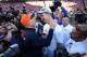 Jan 19, 2014; Denver, CO, USA; Denver Broncos head coach John Fox and quarterback Peyton Manning (18) celebrate after the 2013 AFC championship playoff football game against the New England Patriots at Sports Authority Field at Mile High. Mandatory Credit: Matthew Emmons-USA TODAY Sports