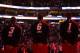 Miami Heat's Dwyane Wade, from left, LeBron James and Chris Bosh line up before an NBA basketball game against the Philadelphia 76ers, Friday, Jan. 17, 2014, in Philadelphia. (AP Photo/Matt Slocum)