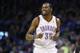 Oklahoma City Thunder forward Kevin Durant (35) gestures and smiles after hitting a basket in the second quarter of an NBA basketball game against the Portland Trail Blazers in Oklahoma City, Tuesday, Jan. 21, 2014. (AP Photo/Sue Ogrocki)