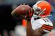 FOXBORO, MA - DECEMBER 8: Josh Gordon #12 of the Cleveland Browns catches a pass before a game with the New England Patriots at Gillette Stadium on December 8, 2013 in Foxboro, Massachusetts. (Photo by Jim Rogash/Getty Images)