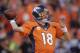 Denver Broncos quarterback Peyton Manning (18) passes the ball during the second half of the AFC Championship NFL playoff football game against the New England Patriots in Denver, Sunday, Jan. 19, 2014. (AP Photo/Joe Mahoney)