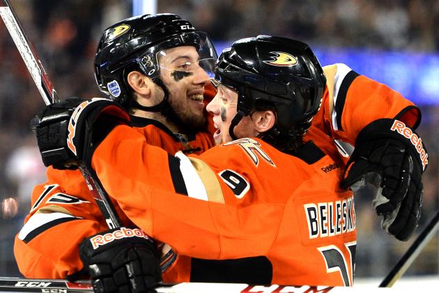 LOS ANGELES, CA - JANUARY 25: Nick Bonino #13 of the Anaheim Ducks celebrates his goal with Matt Beleskey #39 to take a 2-0 lead over the Los Angeles Kings during the 2014 Coors Light NHL Stadium Series at Dodger Stadium on January 25, 2014 in Los Angeles, California. (Photo by Harry How/Getty Images)