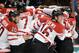 VANCOUVER, BC - FEBRUARY 28: Brenden Morrow #10 and Jonathan Toews #16 of Canada celebrate with teammates around Sidney Crosby after Crosby scored the match-winning goal against USA in the ice hockey men's gold medal game on day 17 of the Vancouver 2010 Winter Olympics at Canada Hockey Place on February 28, 2010 in Vancouver, Canada. (Photo by Harry How/Getty Images)