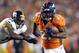 September 9 2012; Denver, CO, USA; Denver Broncos running back Knowshon Moreno (27) runs for a touchdown during the second quarter against the Pittsburgh Steelers at Sports Authority Field. Mandatory Credit: Ron Chenoy-USA TODAY Sports