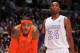 LOS ANGELES, CA - DECEMBER 25: Carmelo Anthony #7 of the New York Knicks and Kobe Bryant #24 of the Los Angeles Lakers look on during their game at Staples Center on December 25, 2012 in Los Angeles, California. NOTE TO USER: User expressly acknowledges and agrees that, by downloading and/or using this Photograph, user is consenting to the terms and conditions of the Getty Images License Agreement. Mandatory Copyright Notice: Copyright 2012 NBAE (Photo by Andrew D. Bernstein/NBAE via Getty Images)