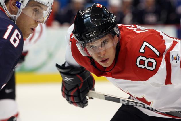 VANCOUVER, BC - FEBRUARY 28:  Sidney Crosby #87 of Canada faces off against Joe Pavelski #16 of the United States during the ice hockey men's gold medal game between USA and Canada on day 17 of the Vancouver 2010 Winter Olympics at Canada Hockey Place on February 28, 2010 in Vancouver, Canada.  (Photo by Bruce Bennett/Getty Images)