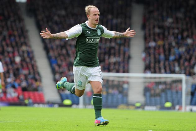 GLASGOW, SCOTLAND - APRIL 13:  Leigh Griffiths celebrates the winning goal for Hibernian during The William Hill Scottish Cup Semi Final between Falkirk and Hibernian at Hampden Park on April 13, 2013 in Glasgow, United Kingdom.  (Photo by Jamie McDonald/Getty Images)