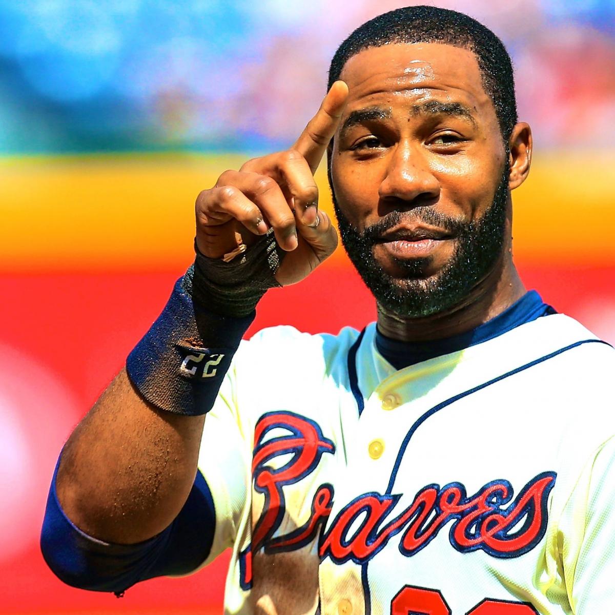 Atlanta Braves outfielder Jason Heyward, warms up following - NARA