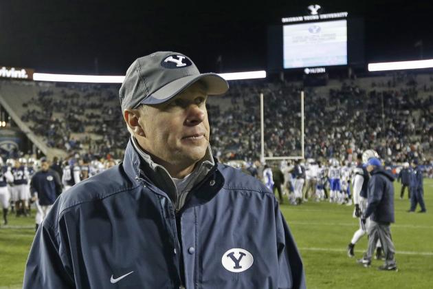 Brigham Young head coach Bronco Mendenhall walks off the field following their  NCAA college football game against Middle Tennessee Friday, Sept. 27, 2013, in Provo, in Utah.  (AP Photo/Rick Bowmer)
