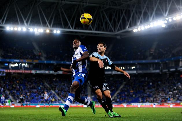 BARCELONA, SPAIN - JANUARY 18: Jhon Cordoba (L) of RCD Espanyol Jonny Castro of RC Celta de Vigo during the La Liga match between RCD Espanyol and RC Celta de Vigo at Cornella-El Prat Stadium on January 18, 2014 in Barcelona, Spain. (Photo by David Ramos/Getty Images)