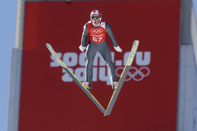 Austria's Gregor  Schlierenzauer makes an attempt during the men's normal hill ski jumping training at the 2014 Winter Olympics, Friday, Feb. 7, 2014, in Krasnaya Polyana, Russia. (AP Photo/Dmitry Lovetsky)