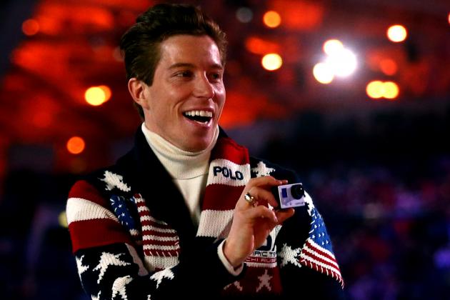 SOCHI, RUSSIA - FEBRUARY 07:  Snowboarder Shaun White enters the stadium with the United States Olympic team during the Opening Ceremony of the Sochi 2014 Winter Olympics at Fisht Olympic Stadium on February 7, 2014 in Sochi, Russia.  (Photo by Ryan Pierse/Getty Images)