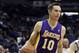 Los Angeles Lakers' Steve Nash drives the ball in an NBA basketball game against the Minnesota Timberwolves, Tuesday, Feb. 4, 2014, in Minneapolis. It was the first game back for Nash since early November as he recovered from a back injury. (AP Photo/Jim Mone)