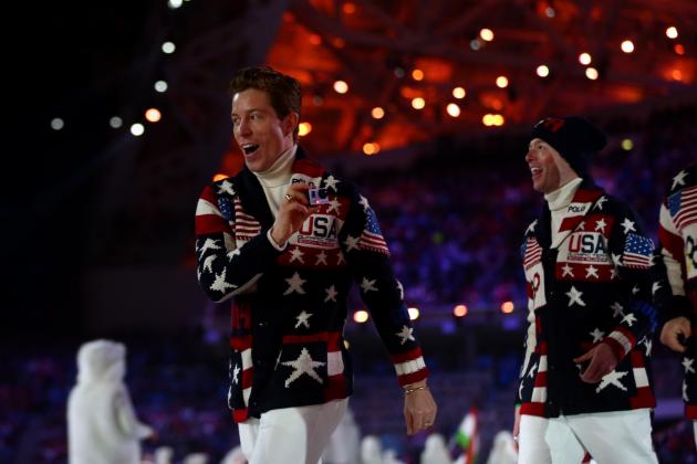 SOCHI, RUSSIA - FEBRUARY 07:  Snowboarder Shaun White (L) enters the stadium with the United States Olympic team during the Opening Ceremony of the Sochi 2014 Winter Olympics at Fisht Olympic Stadium on February 7, 2014 in Sochi, Russia.  (Photo by Ryan Pierse/Getty Images)