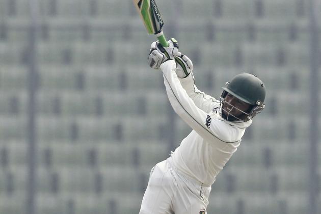 Bangladesh's Mominul Haque plays a shot  on the fourth day of their first test cricket match against Sri Lanka in Dhaka, Bangladesh, Thursday, Jan. 30, 2014. (AP Photo/A.M. Ahad)