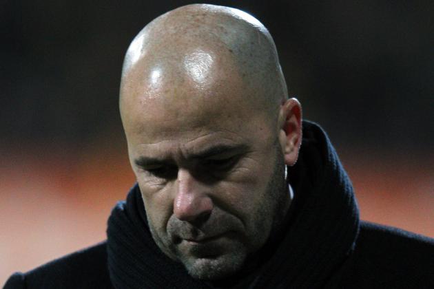 VENLO, NETHERLANDS - FEBRUARY 25: Heracles Manager/Trainer Peter Bosz looks dejected as he is sent off by referee Kevin Blom during the Eredivisie match between VVV Venlo and SC Heracles Almelo at Seacon Stadium De Koel on February 25, 2012 in Venlo, Netherlands. (Photo by Dean Mouhtaropoulos/Getty Images)
