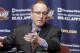 Cleveland Cavaliers acting general manager David Griffin talks to reporters before an NBA basketball game between the Memphis Grizzlies and Cavaliers, Sunday, Feb. 9, 2014, in Cleveland. Griffin takes over for Chris Grant who was fired last Thursday. (AP Photo/Mark Duncan)