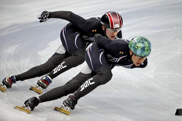United States short track speed skating teammates J.r. Celski, right, and Christopher Creveling run through a training session at the Iceberg Skating Palace at the 2014 Winter Olympics, Sunday, Feb. 2, 2014, in Sochi, Russia. (AP Photo/David Goldman)
