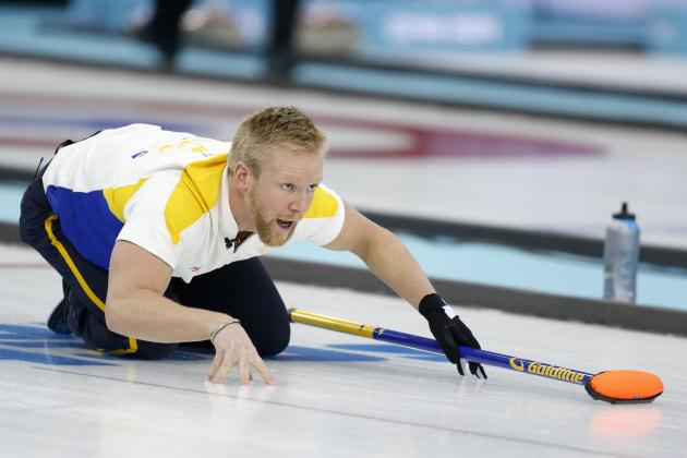 Sweden’s skip Niklas Edin shouts instructions after delivering the rock in a men's curling game against Switzerland at the 2014 Winter Olympics, Monday, Feb. 10, 2014, in Sochi, Russia. (AP Photo/Robert F. Bukaty)