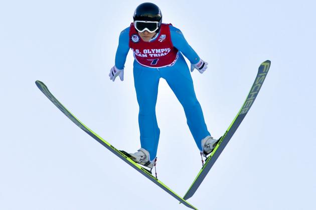 Dec 29, 2013; Park City, UT, USA; Jessica Jerome of the United States is airborne during her ski jump during the U.S. Olympic Trials at the Utah Olympic Park. Mandatory Credit: Nathan Bilow-USA TODAY Sports