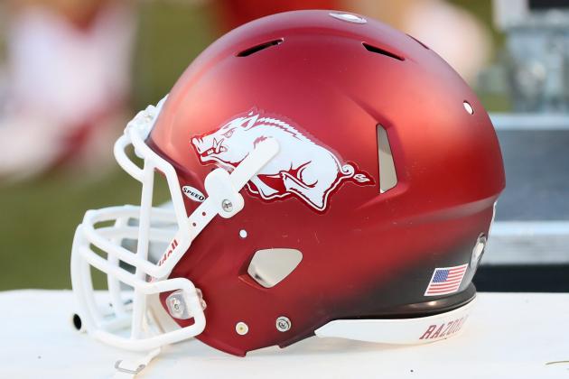 Nov 23, 2012; Fayetteville, AR, USA; Arkansas Razorbacks helmet during the game against the LSU Tigers at Donald W. Reynolds Razorback Stadium. LSU defeated Arkansas 20-13. Mandatory Credit: Nelson Chenault-USA TODAY Sports