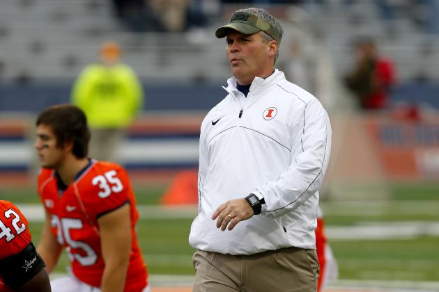 Illinois head coach Tim Beckman before the NCAA college football game against Ohio State on Saturday, Nov. 16, 2013, in Champaign, Ill. (AP Photo/Jeff Haynes)