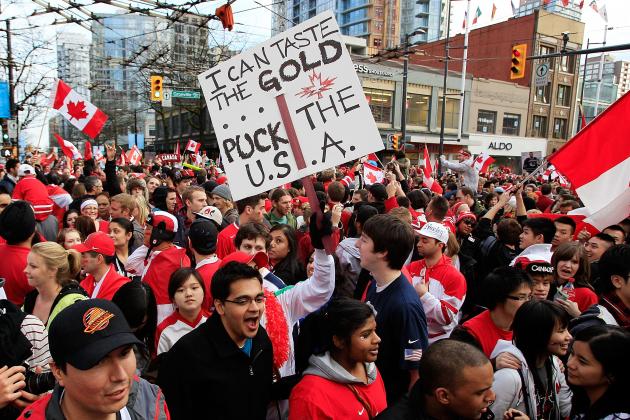VANCOUVER, BC - FEBRUARY 28:  Hockey fans celebrate team Canada's 3-2 victory over the USA after the ice hockey men's gold medal game on day 17 of the Vancouver 2010 Winter Olympics on February 28, 2010 in Vancouver, Canada.  (Photo by Chris Graythen/Getty Images)