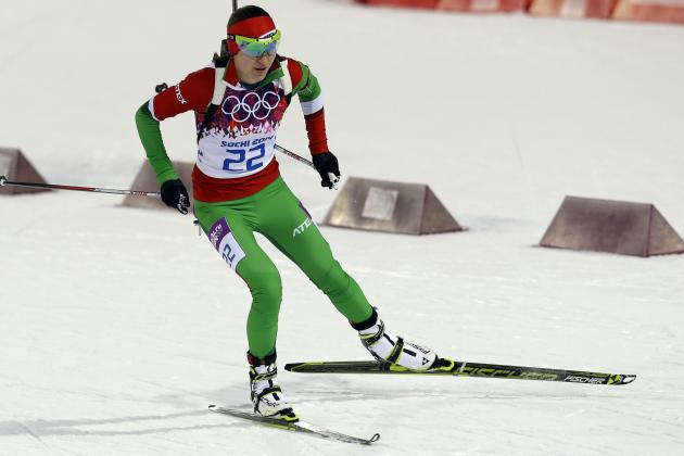 Belarus' Darya Domracheva competes during the women's biathlon 7.5k sprint, at the 2014 Winter Olympics, Sunday, Feb. 9, 2014, in Krasnaya Polyana, Russia. (AP Photo/Kirsty Wigglesworth)