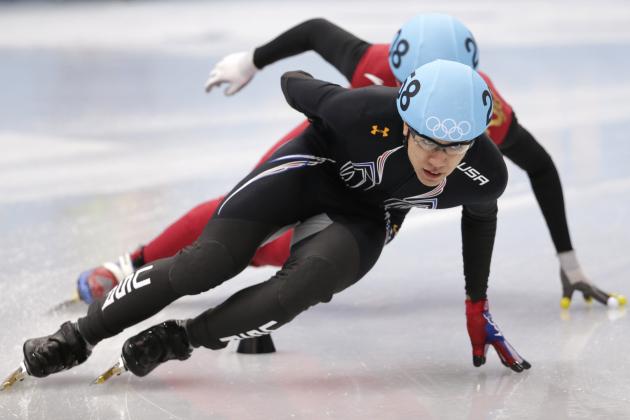 J.R. Celski of the United States competes in a men's 1500m short track speedskating semifinal at the Iceberg Skating Palace during the 2014 Winter Olympics, Monday, Feb. 10, 2014, in Sochi, Russia. (AP Photo/Bernat Armangue)