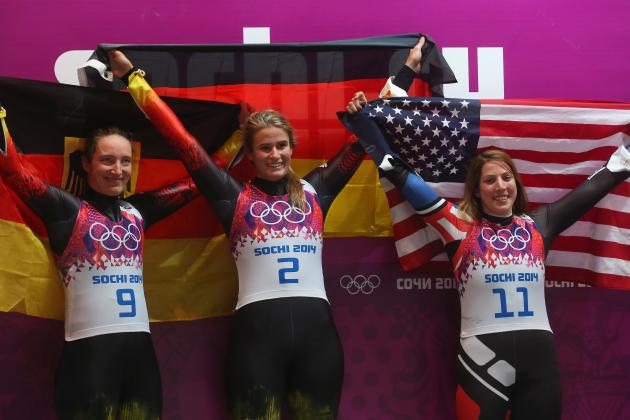 SOCHI, RUSSIA - FEBRUARY 11: Gold medalist Natalie Geisenberger (C), silver medalist Tatjana Huefner (L) of Germany and bronze medalist Erin Hamlin of the United States celebrate after the Women's Luge Singles on Day 4 of the Sochi 2014 Winter Olympics at Sliding Center Sanki on February 11, 2014 in Sochi, Russia. (Photo by Alexander Hassenstein/Getty Images)