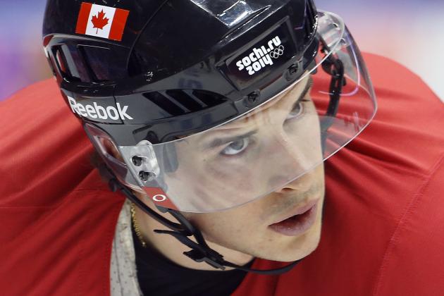 Canada forward Sidney Crosby waits for a pass during a training session at the 2014 Winter Olympics, Monday, Feb. 10, 2014, in Sochi, Russia. (AP Photo/Julie Jacobson)