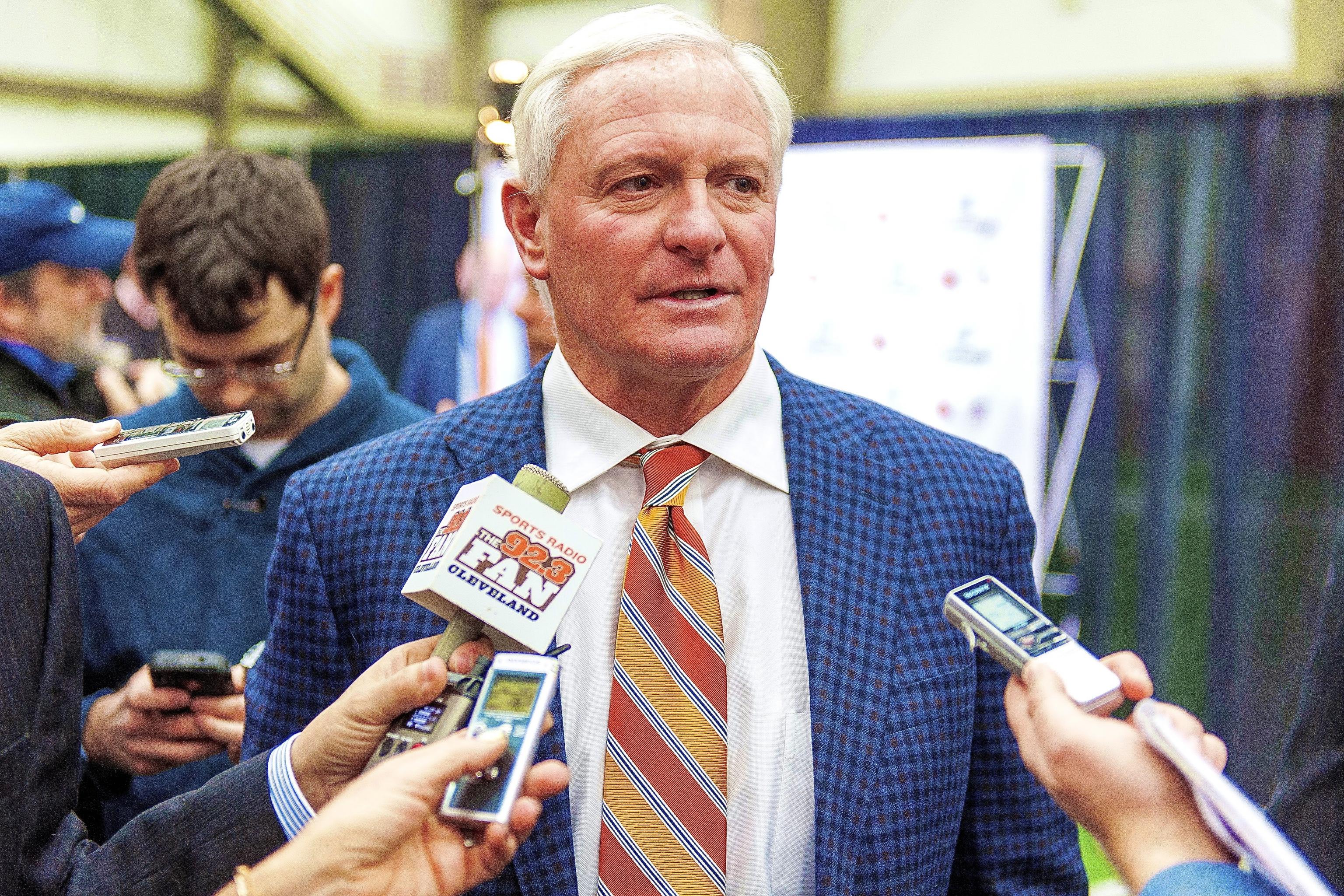 Cleveland Browns owner Jimmy Haslam talks about the departures of CEO Joe  Banner and general manager Mike Lombardi during a news conference at the  team's training facility on Tuesday, Feb. 11, 2014