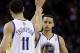 Golden State Warriors' Stephen Curry, right, is congratulated by Klay Thompson after Curry scored against the New York Knicks during the second half of an NBA basketball game Monday, March 11, 2013, in Oakland, Calif. (AP Photo/Ben Margot)
