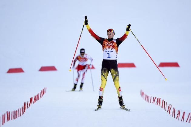SOCHI, RUSSIA - FEBRUARY 12: Eric Frenzel of Germany celebrates as he wins the gold medal during the Nordic Combined Individual Gundersen Normal Hill and 10km Cross Country on day 5 of the Sochi 2014 Winter Olympics at the RusSki Gorki Nordic Combined Skiing Stadium on February 12, 2014 in Sochi, Russia. (Photo by Lars Baron/Getty Images)