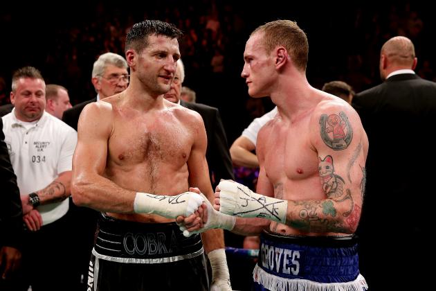 MANCHESTER, ENGLAND - NOVEMBER 23: Carl Froch shakes hands with George Groves during their IBF and WBA World Super Middleweight bout at Phones4u Arena on November 23, 2013 in Manchester, England. (Photo by Scott Heavey/Getty Images)
