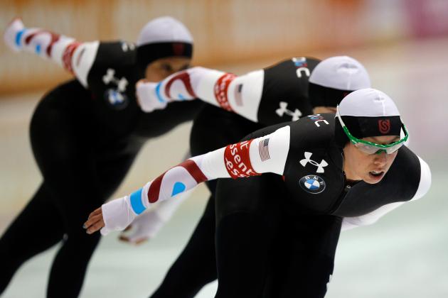 HEERENVEEN, NETHERLANDS - NOVEMBER 18:  Team USA with Brittany Bowe, Heather Richardson and Jilleanne Rookard compete in the Team Pursuit Ladies on the final day of the Essent ISU World Cup Speed Skating at Thialf Ice Stadium on November 18, 2012 in Heerenveen, Netherlands.  (Photo by Dean Mouhtaropoulos/Getty Images)