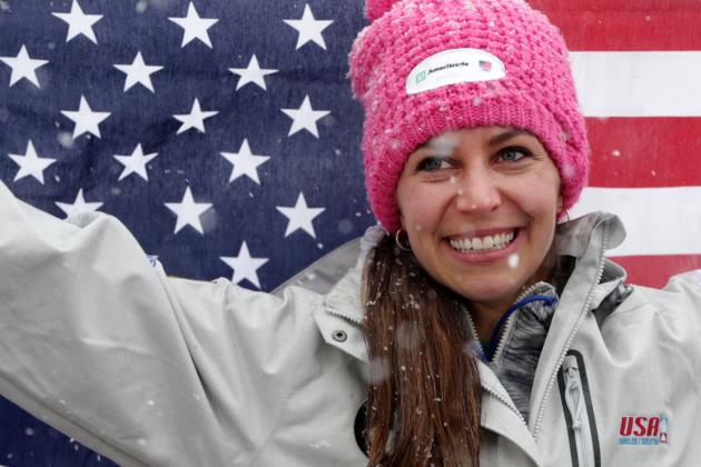 Noelle Pikus-Pace of the United States celebrates after winning the women's Skeleton World Cup race in Koenigssee, southern Germany, on Friday, Jan. 24, 2014. (AP Photo/Matthias Schrader)