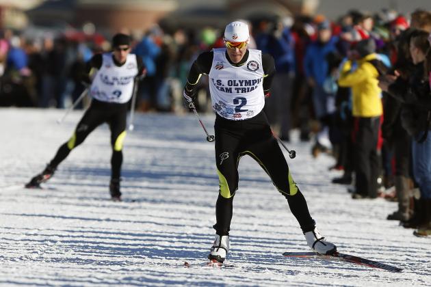 Third place finisher Bill Demong leads second place finisher Bryan Fletcher during the cross-country ski portion of the U.S. Olympic Nordic combined trials in Park City, Utah, Saturday, Dec. 28, 2013. (AP Photo/Jim Urquhart)