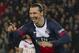 Paris Saint Germain's Zlatan Ibrahimovic, right, of Sweden celebrates after scoring against Bordeaux during their French League One soccer match, Friday Jan. 31, 2014, at Parc des Princes stadium, in Paris, France. (AP Photo/Jacques Brinon)