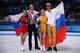 SOCHI, RUSSIA - FEBRUARY 12: (L-R) Silver medalists Ksenia Stolbova and Fedor Klimov of Russia, gold medalists Tatiana Volosozhar and Maxim Trankov of Russia pose during the flower ceremony for the Figure Skating Pairs event during day five of the 2014 Sochi Olympics at Iceberg Skating Palace on February 12, 2014 in Sochi, Russia. (Photo by Matthew Stockman/Getty Images)