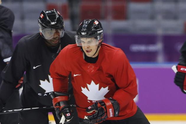 Canada forward Sidney Crosby runs through a drill during a training session at the 2014 Winter Olympics, Monday, Feb. 10, 2014, in Sochi, Russia. (AP Photo/Julie Jacobson)