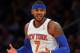 Feb 1, 2014; New York, NY, USA; New York Knicks small forward Carmelo Anthony (7) reacts after not getting a foul call against the Miami Heat during the first period of a game at Madison Square Garden. Mandatory Credit: Brad Penner-USA TODAY Sports