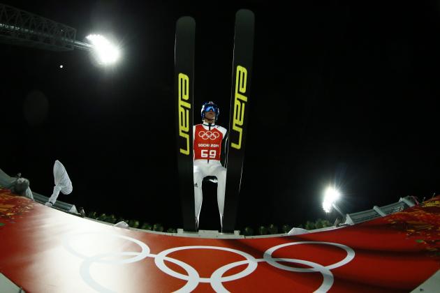 Slovenia's Peter Prevc makes his jump during the men's large hill ski jumping training session at the 2014 Winter Olympics, Thursday, Feb. 13, 2014, in Krasnaya Polyana, Russia. (AP Photo/Dmitry Lovetsky)