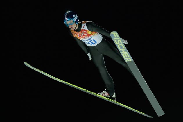 SOCHI, RUSSIA - FEBRUARY 14: Michael Hayboeck of Austria jumps during the Men's Large Hill Individual Qualification on day 7 of the Sochi 2014 Winter Olympics at the RusSki Gorki Ski Jumping Center on February 14, 2014 in Sochi, Russia.  (Photo by Adam Pretty/Getty Images)